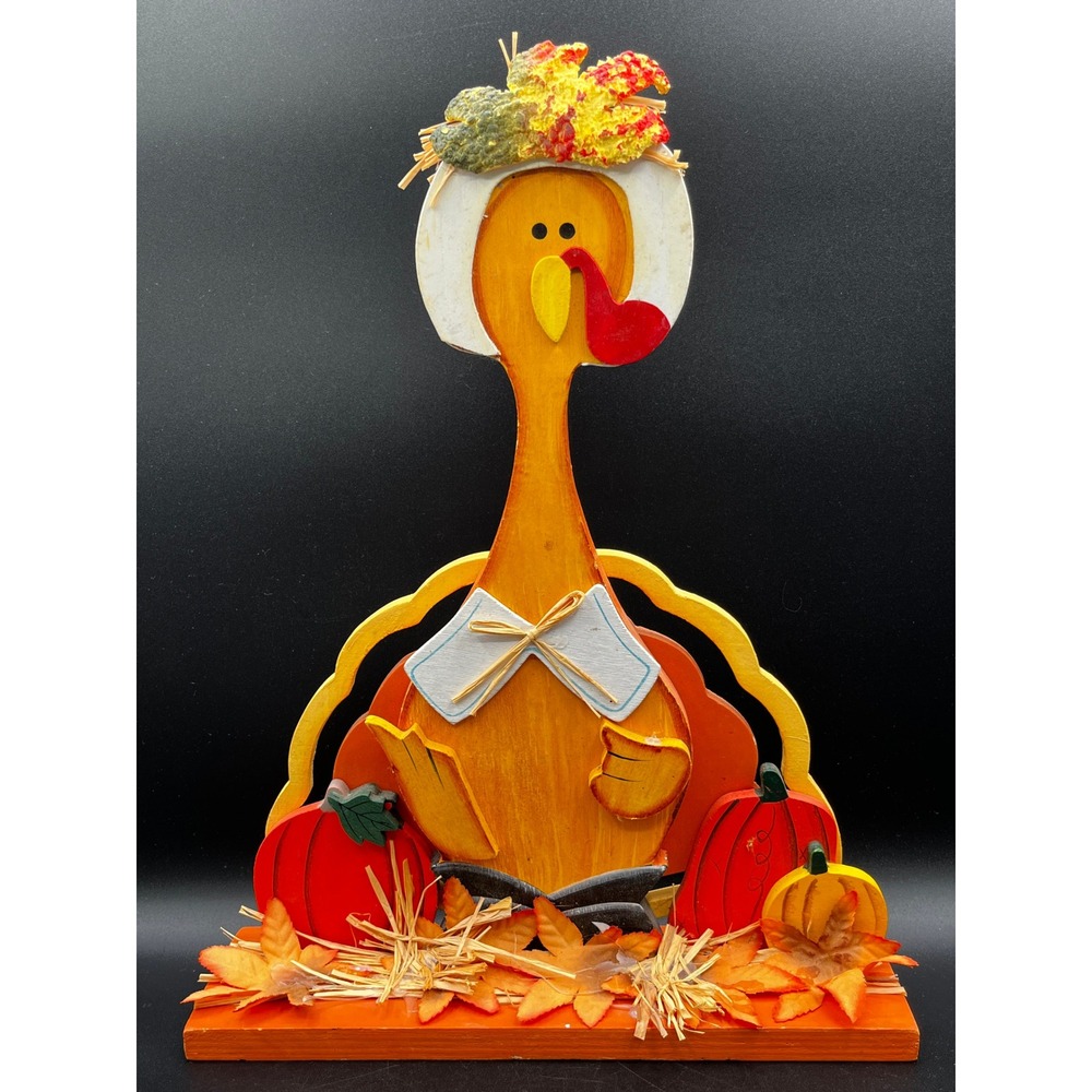 Hand Painted Wooden Pilgrim Turkey Figurine Fall Thanksgiving Decor 14"‎ x 11"